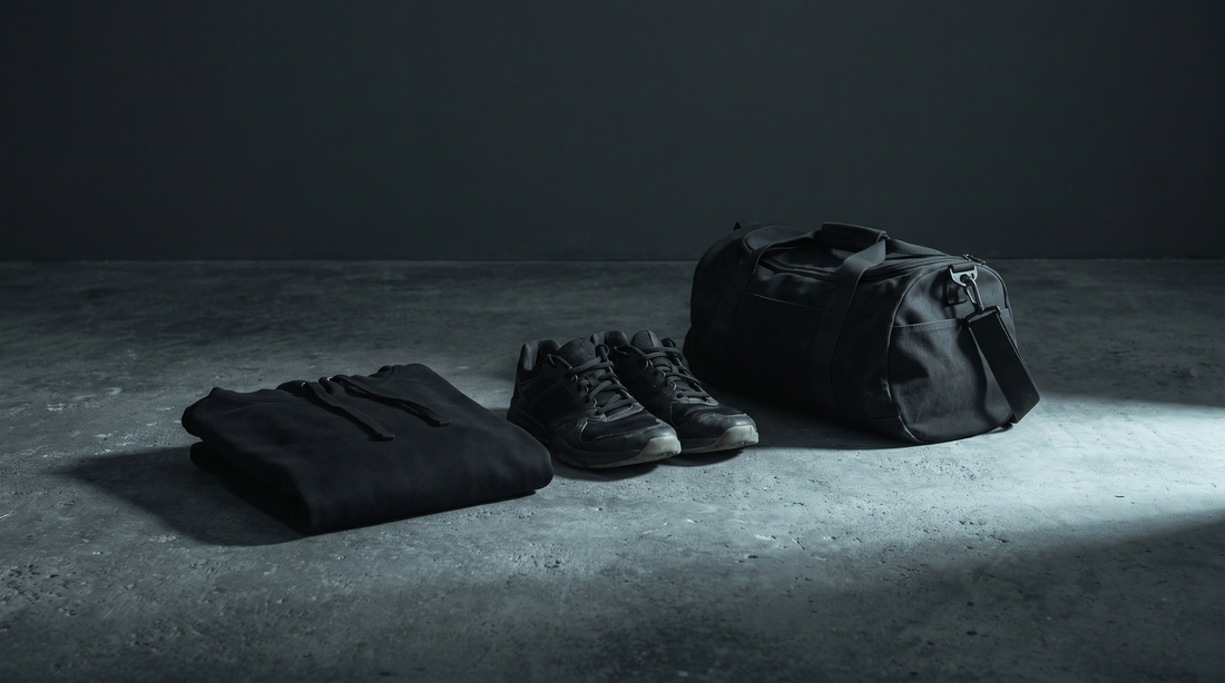 Tenue d'entraînement préparée la veille au sol : hoodie noir plié, chaussures, sac — visuel éditorial BTY