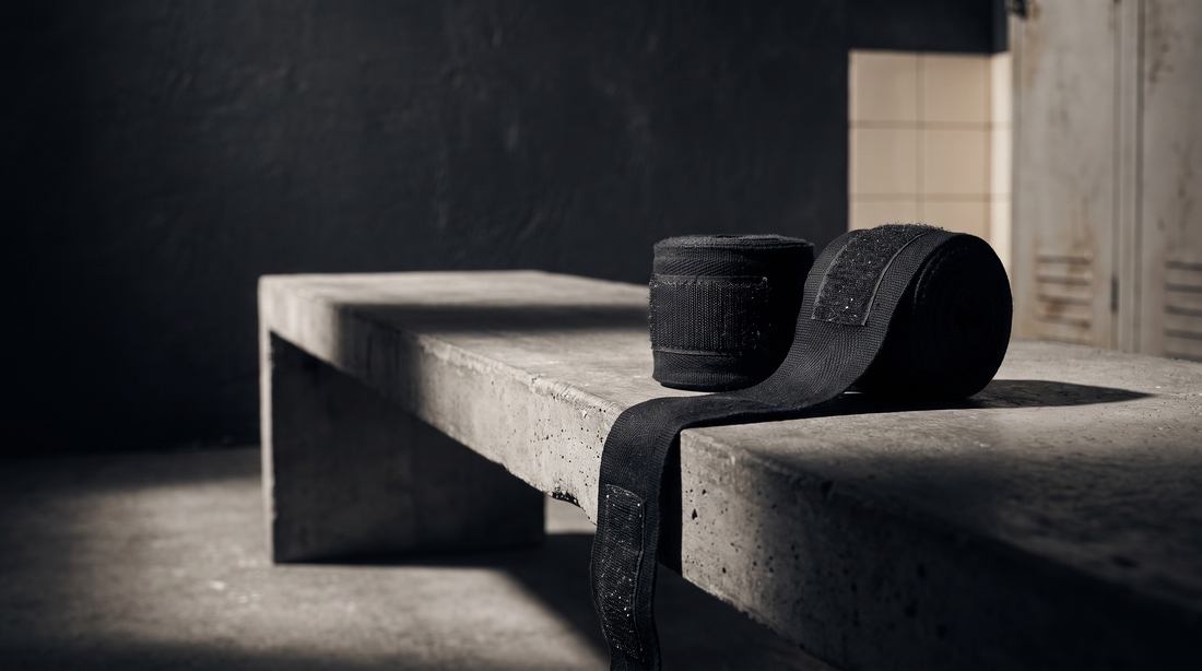 Bandes de boxe noires roulées sur un banc en béton, vestiaire vide, lumière rasante — visuel éditorial BTY