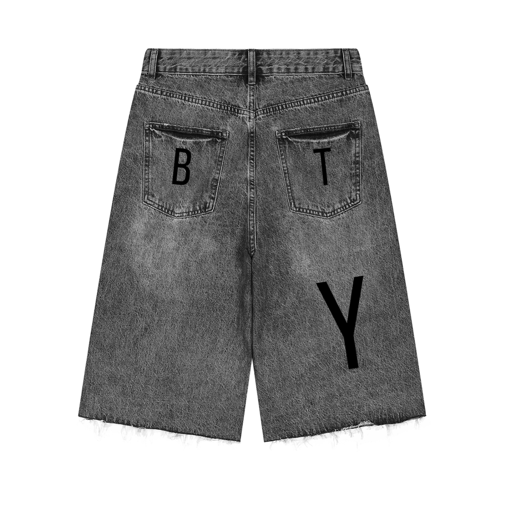 Short en Jean Wide Leg Délavé — Noir
