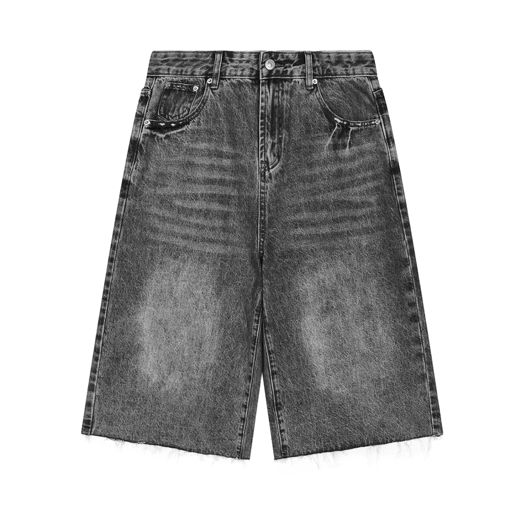Short en Jean Wide Leg Délavé — Noir
