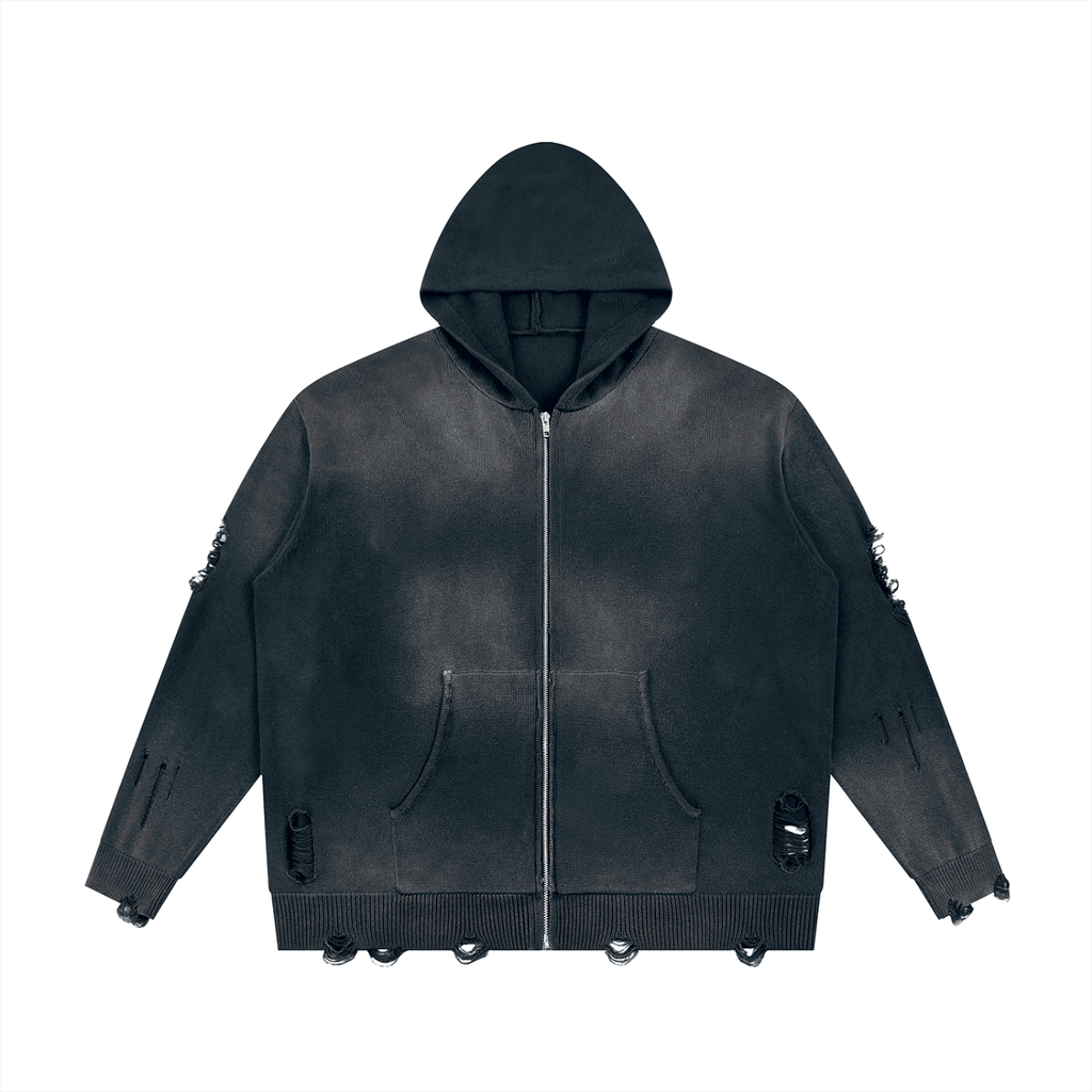 Hoodie Zippé Maille Destroy — Glyphe Noir