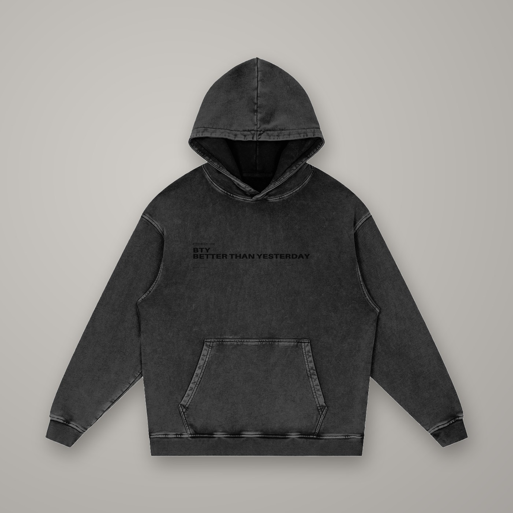 Hoodie Coton Délavé Neige Noir — hoodie BTY Concept, streetwear athlétique