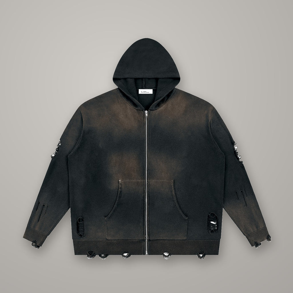 Hoodie Zippé Maille Destroy BTY, marquage Étendard, sur fond studio béton.
