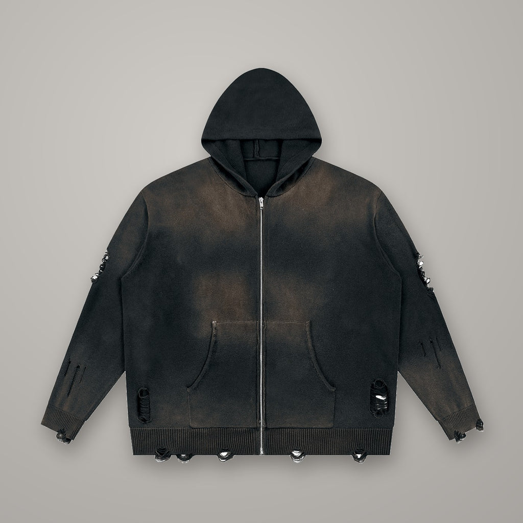 Hoodie Zippé Maille Destroy BTY, marquage Glyphe Noir, sur fond studio béton.