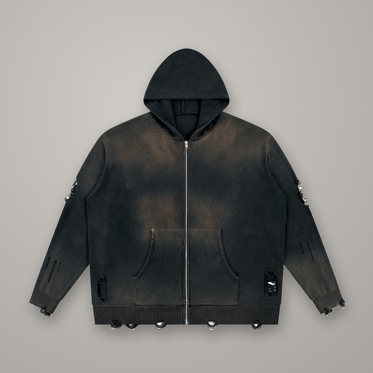 Hoodie Zippé Maille Destroy BTY, marquage Glyphe Noir, sur fond studio béton.